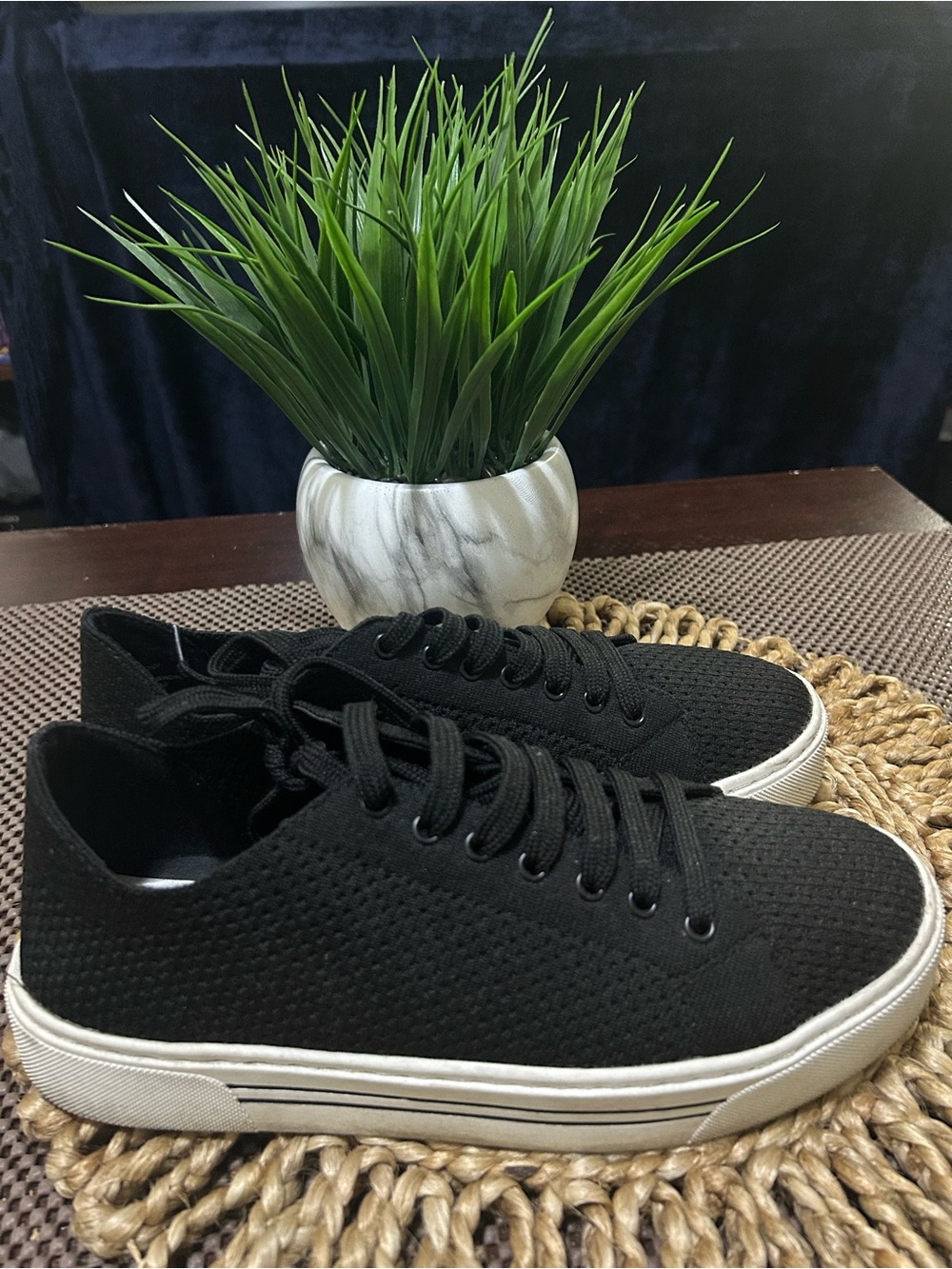 Steven By Steve Madden Black Knit Low-Top Sneakers with White Sole